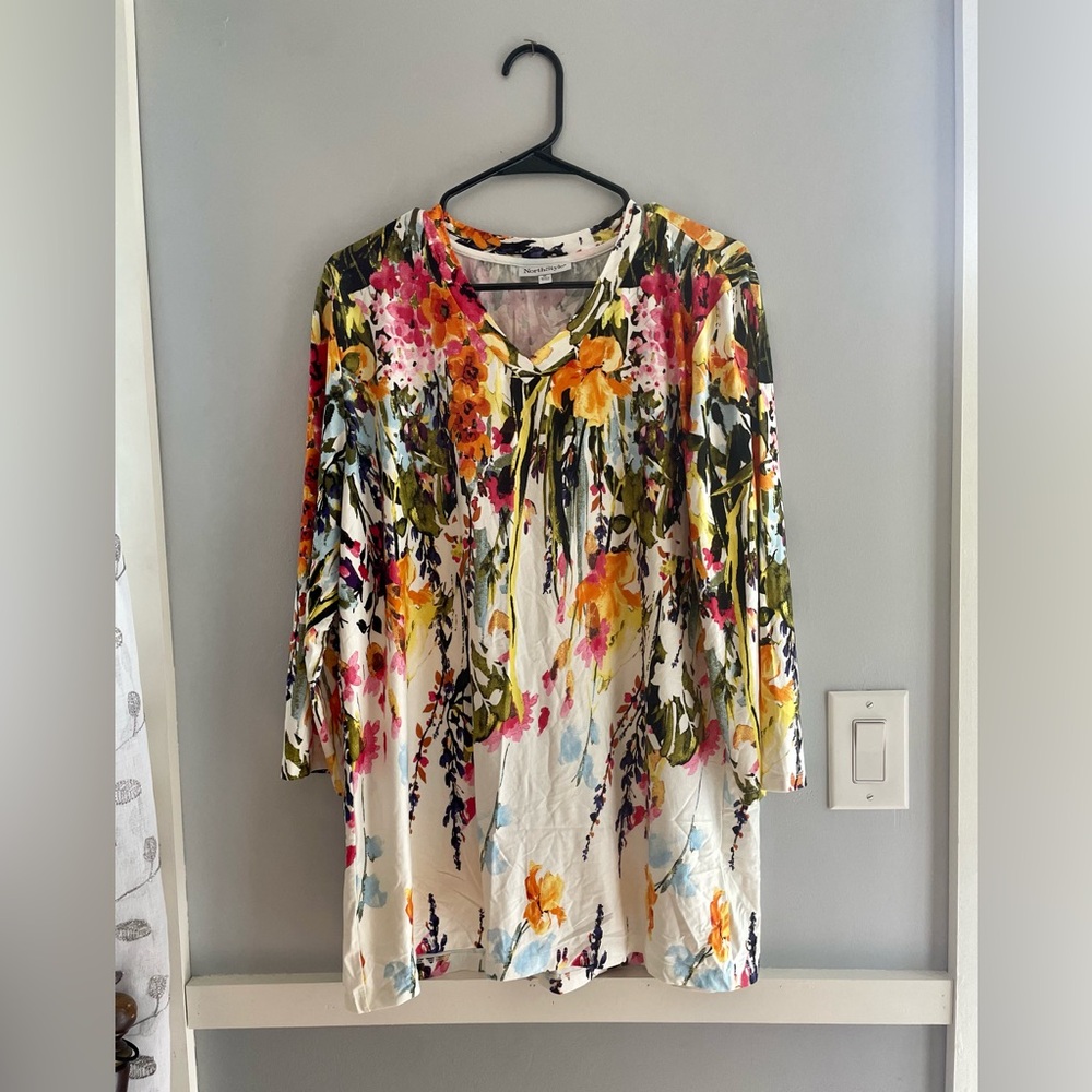 NorthStyle Cream Floral V-Neck Tunic with Pink Yellow Green & Blue Accents